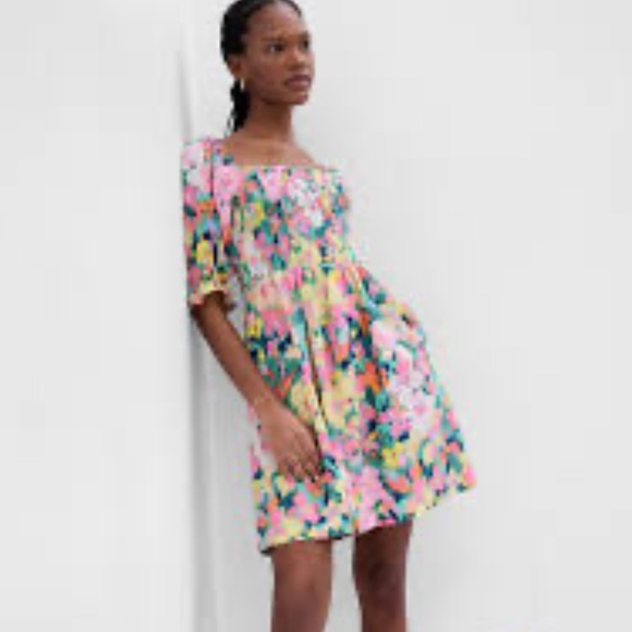 😊 NWT GAP Puff Sleeve Linen-Blend Floral Mini Dress - Picture 1 of 8